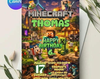 Invitación editable para fiesta de Minecraft, invitación de cumpleaños gamer para niños, plantilla Canva personalizable con temática de píxeles, descarga instantánea
