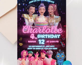 Invitación de cumpleaños editable / Fiesta temática de anime / Invitación de anime / Fiesta infantil / Invitación de cazador / Plantilla Canva / Demonio Kpop / Fiesta infantil