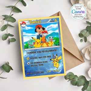 May include: A yellow and blue birthday invitation card featuring cartoon characters and the text "Daniel is turning 6". The card includes the text "I CHOOSE YOU TO CELEBRATE!" and event details. A brown envelope is in the background.