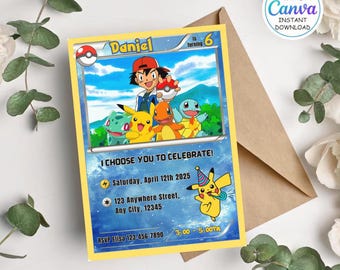 Tarjeta de cumpleaños de Pokémon, estilo caricatura rojo y amarillo, invitación editable de Canva para fiesta infantil, temática de Pikachu, archivo digital instantáneo.