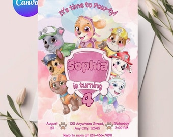 Invitación editable imprimible de Paw-ty, invitación de cumpleaños de cachorros para niño y niña, fiesta de cachorros, descarga instantánea, plantilla de invitación de cumpleaños de Paw Kids