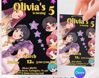 Invitación de cumpleaños editable / Fiesta temática de anime / Invitación de anime / Fiesta infantil / Invitación de cazador / Plantilla Canva / Demonio Kpop / Fiesta infantil