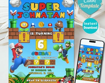 Invitación de cumpleaños editable de Super Mario en acuarela, invitación de cumpleaños para niño y niña de Nintendo para cualquier edad, invitación moderna del juego Mario Bross en CANVA