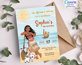 Editable Moana Birthday Invitation , Kids Theme Party Invitation Template ,Digital Hawaiian Moana Birthday Invite , Instant Download