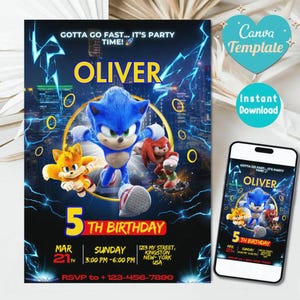 Sonic 3 Birthday Invitation, Super Hedgehog Boys Party Invite, Super Sonic Party Invitation, Editable Sonic Invite Template, Canva Template