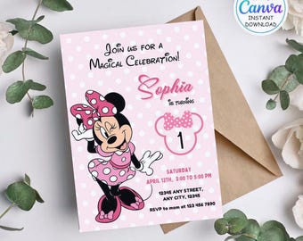 Invitación de cumpleaños editable de Minnie Mouse, cumpleaños de Minnie Mouse, primer cumpleaños, invitación de cumpleaños de ratón, invitaciones de Minnie para niñas
