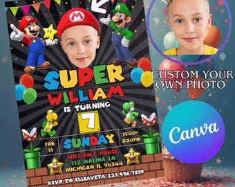 Invitación de cumpleaños de Super Mario en acuarela editable y personalizada, invitación de cumpleaños de Nintendo para niño o niña, invitación moderna del juego Mario Bross en CANVA