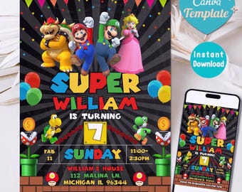 Invitación de cumpleaños editable de Super Mario en acuarela, invitación de cumpleaños para niño y niña de Nintendo para cualquier edad, invitación moderna del juego Mario Bross en CANVA
