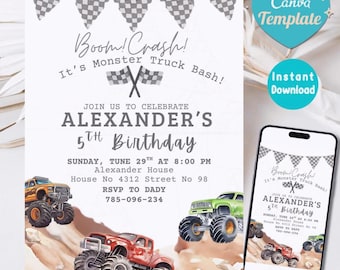 Monster Truck Birthday Invitation, Racing Birthday Invitation, Cars Birthday Invitation, Boy Birthday Party Invitation, Editable in Canva