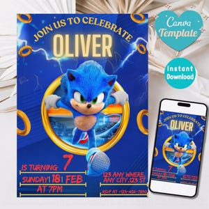 Sonic 3 Birthday Invitation, Super Hedgehog Boys Party Invite, Super Sonic Party Invitation, Editable Sonic Invite Template, Canva Template