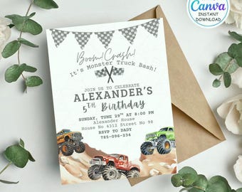 Monster Truck Birthday Invitation, Racing Birthday Invitation, Cars Birthday Invitation, Boy Birthday Party Invitation, Editable in Canva