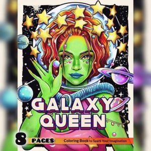 Galaxy Queen: Cute Relaxation Coloring Book by Coco Wyo Instant Digital Download Fun Relaxation PDF Book 8 Coloring Pages