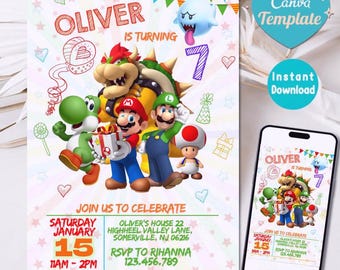 Invitación de cumpleaños editable de Super Mario en acuarela, invitación de cumpleaños para niño y niña de Nintendo para cualquier edad, invitación moderna del juego Mario Bross en CANVA