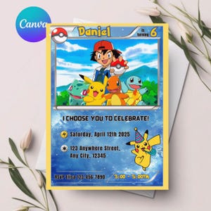 May include: A custom birthday invitation card featuring a cartoon design. The card has a yellow border and includes the text "Daniel is turning 6". The invitation includes the text "I CHOOSE YOU TO CELEBRATE!" and event details.