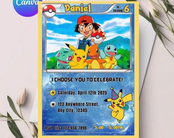 Tarjeta de cumpleaños de Pokémon, estilo caricatura rojo y amarillo, invitación editable de Canva para fiesta infantil, temática de Pikachu, archivo digital instantáneo.