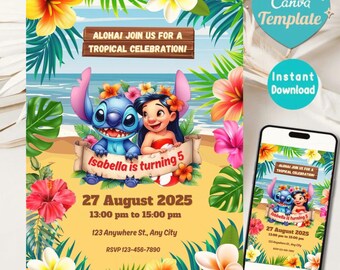 Invitación de cumpleaños de Stitch, invitación de cumpleaños de Lilo y Stitch, plantilla de invitación para fiesta de cumpleaños de Stitch, cumpleaños de Stitch, Canva editable