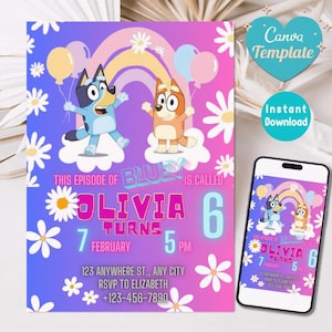 Blue birthday invitation. birthday invitation, Birthday Girl party invite, bluey birthday party invite, Bday Party Invite, Canva Editable