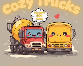 Libro para colorear de camiones acogedores (PDF): 204 páginas imprimibles para niños y adultos, descarga digital instantánea, libro para colorear atrevido y fácil.