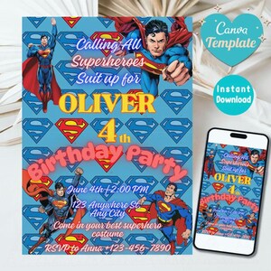 Superhero Birthday Invitation Canva Template | Editable Kids Party Invite | Instant Digital Download