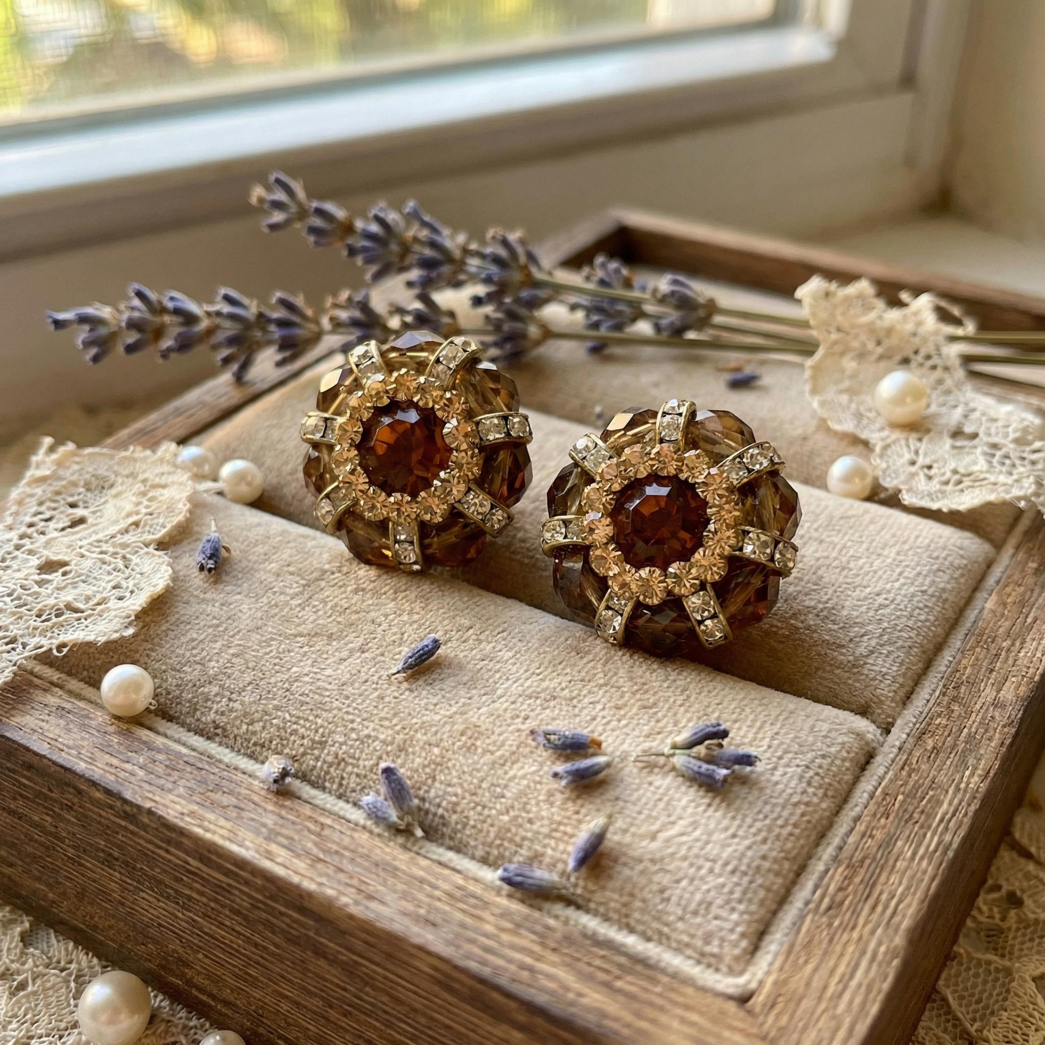 ブラウンクリスタルスタッドピアス • ヴィンテージ風プレスオンピアス 