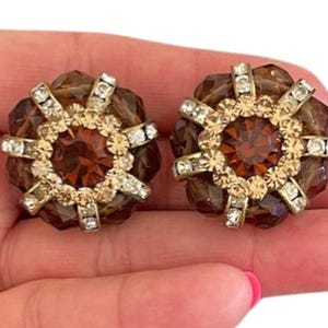 Brown Crystal Stud Earrings • Vintage-Inspired Press On Earrings • Circular Earrings by Stefanie Somers • Hypoallergenic Statement Jewelry