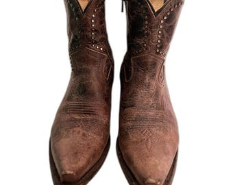 Brown Leather Western Ankle Boots, Women's Size 9