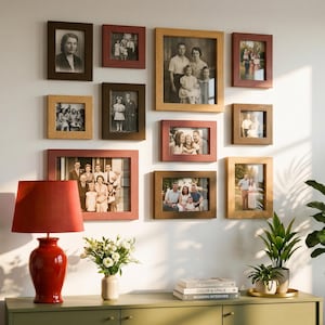 May include: A gallery wall arrangement featuring eleven rectangular picture frames in various shades of brown, red, and gold, containing black and white family photographs, positioned above a long olive green cabinet with a red table lamp.