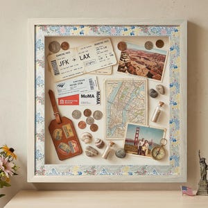 May include: A shadow box frame with travel memorabilia, including tickets, maps, coins, and a leather luggage tag. The frame has a floral patterned border and contains a postcard of the Grand Canyon and a photo of the Golden Gate Bridge.