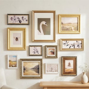 May include: A gallery wall arrangement featuring various framed art pieces. The frames are in gold, white, and dark brown, showcasing botanical prints, landscapes, and a swan. The arrangement includes a variety of sizes and shapes, creating a decorative display.