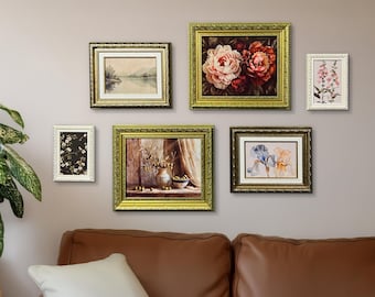 Retro-Galeriewandrahmen-Set - Gold- und weiße verzierte Rahmen mit Blumenkunstdrucken, elegantes Vintage-Innendekor, Familiengeschenk für Weihnachten