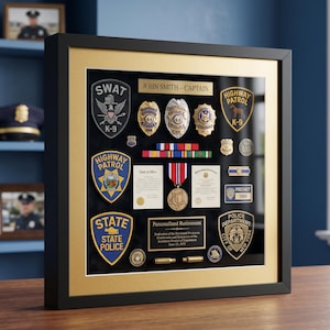 May include: A black and gold shadow box frame containing a collection of law enforcement memorabilia, including various police badges, patches, service medals, ribbons, and two official documents. A plaque reads JOHN SMITH - CAPTAIN and Personalized Retirement.