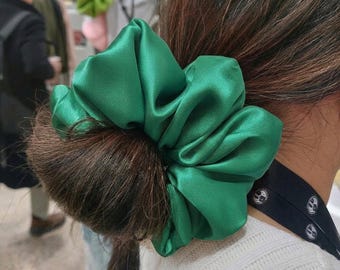 Handmade Emerald Green Oversized Silk Satin Scrunchie | Luxurious Extra Large Hair Tie | Jumbo Scrunchie