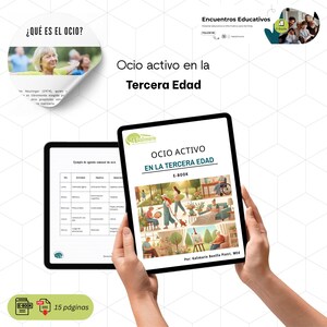 Puede incluir: Un ebook titulado "Ocio activo en la Tercera Edad" se muestra en una tableta, sostenida por una persona. La portada ilustra diversas actividades de ocio. La imagen también incluye una segunda tableta con un horario y texto en español.