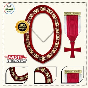Knights Templar Kettenkragen mit Kreuz Medaille (Jewel) - Vergoldetes Juwel auf rotem Samt, Masonic Knight Templar Kettenkragen Regalia