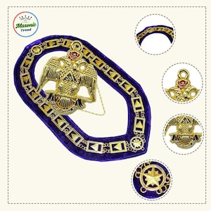 Freimaurer Masonic 33 Grad Scottish Rite Kettenkragen mit 33 Grad Juwel in lila Samtrücken, goldfarben