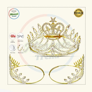 May include: A gold crown with clear rhinestones and a star on top. The crown is made of metal and has a pointed design.