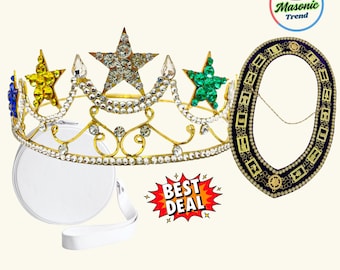OES Five Stars Crown, Order Of Eastern Star Latest Style Crown and OES Chain Collar Gold Tone Purple Velvet Backing Bet Package + Crown Case
