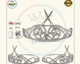 Masonic Beautician Crown – Rhinestone Tiara with Scissors Emblem | Adjustable Silver Tiara