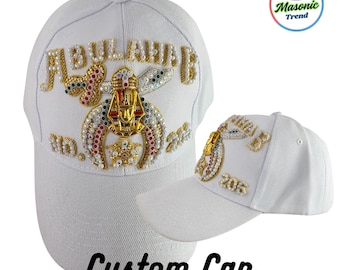 Shriners Baseball Cap, Custom ABULAHAB Temple name in Hand Embroidered 1-Rows Work with Rhinestones Adjustable fitting and Sides Emblems