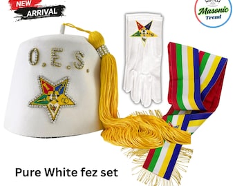 OES Fez Set Pure White Latest Style decorated with rhinestones Sash, Cotton Gloves, and Case with Red inner Velvet