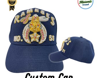 Shriners Baseball Cap, Custom RAMSEES Temple name in Hand Embroidered 1-Rows Work with Rhinestones Adjustable fitting