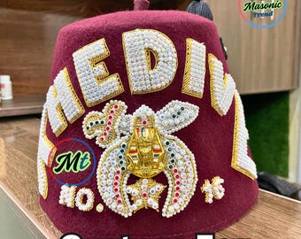 Freimaurer Shriners Fez Custom Tempel Name in Handstickerei mit Strassbeschlag und schwarzer Quaste