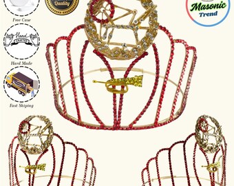 Worthy HOJ Crown, Masonic Heroines Of Jericho Grand Worthy Crown with Red Stones 12 Pointes Hand Made in Gold Tone with Adjustable Fitting