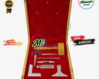 Masonic Working Tools Box – Full Size Brass in Silver/Gold Finish – Pine Wood Case with Red Velvet Interior in Premium Quality