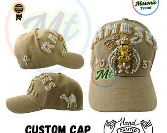 Shriners Baseball Cap, Custom RAMSES Temple name in Hand Embroidered 2-Rows Work with Rhinestones Adjustable fitting and Sides Emblems