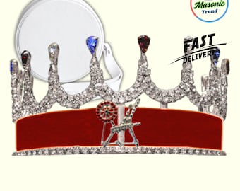 Masonic HOJ Spinning Wheel Emblem Crown with Red Velvet & Shine Rhinestones Adjustable fitting in Silver and Gold Tone