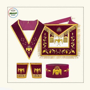 95th Degree Memphis Misraim Regalia Set – Masonic Apron, Collar, Hat & Cuffs | Hand-Embroidered in Maroon and Gold