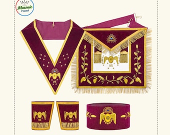 95th Degree Memphis Misraim Regalia Set – Masonic Apron, Collar, Hat & Cuffs | Hand-Embroidered in Maroon and Gold