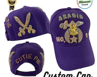 Shriners Baseball Cap, Latest Edition Color Rhinestones Work Custom ARABIA Temple name in 1-Rows Work with Rhinestones with Sides Emblems