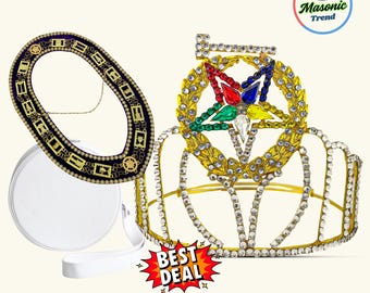 Masonic Grand Worthy Matron OES Tall Crown and Chain Collar in Gold Tone and Purple Velvet Backing Chain Collar with Crown Case